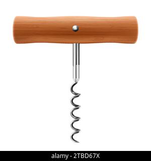 Tire-bouchon avec poignée en bois isolé sur fond blanc. Gros plan de l'ouvre-bouteille de vin. Illustration vectorielle réaliste 3D. Maquette Illustration de Vecteur