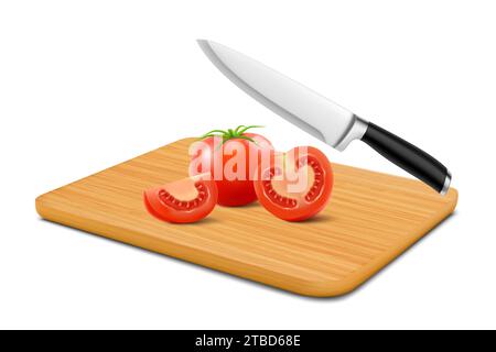 Tranches de tomates rouges sur planche à découper isolées sur fond blanc. Tranches de tomate savoureuse sur planche à découper en hêtre en bois avec couteau. Vecteur 3D réaliste ill Illustration de Vecteur