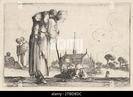 Planche 10 : une paysanne tournée vers la droite avec un enfant sur le dos, un garçon couché sur le sol derrière elle au centre, deux femmes et un enfant à gauche dans le middleground, une église à droite en arrière-plan, tiré de 'Caprice faict par de la Bella' 2012 par Stefano della Bella Banque D'Images