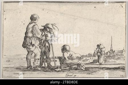 Planche 13 : deux paysans debout à gauche, un infirme agenouillé au sol au centre, une femme portant un enfant vu de derrière à droite au milieu, une église à droite en arrière-plan, tiré de 'Caprice faict par de la Bella' 2012 par Stefano della Bella Banque D'Images