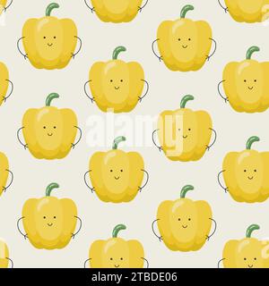 Vector Seamless Pattern avec Cute Cartoon Funny Peppers. Concept de nutrition saine pour les enfants. Personnages de bébés légumes. Illustration de Vecteur