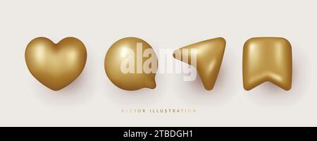 jeu d'icônes de médias sociaux 3d. Aimez, commentez, partagez et économisez. Boutons d'applications dorés. Illustration vectorielle minimale 3D. Illustration de Vecteur