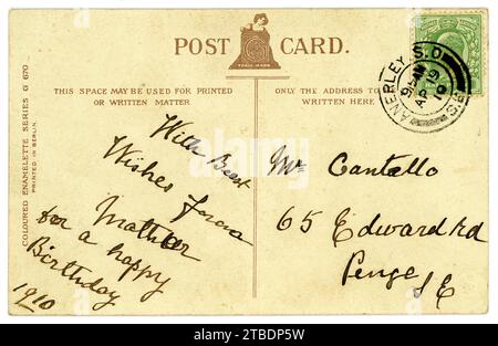 Verso de la carte postale originale de l'ère édouardienne, (timbre vert demi-penny King Edward VII) datée / postée 19 avril 1910, Londres, Royaume-Uni Banque D'Images