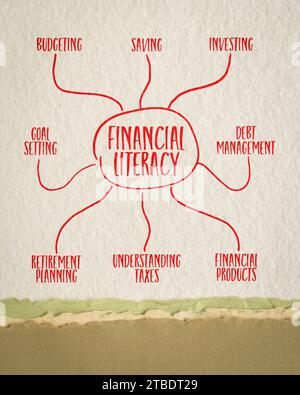 infographie de littératie financière ou croquis de carte mentale sur papier d'art - concept de finance personnelle et éducation Banque D'Images
