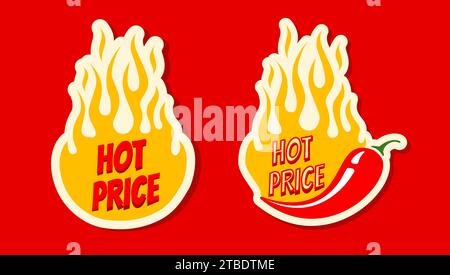 Autocollants vectoriels avec piment et feu pour offre spéciale. Vector Set bannières avec piment pour le prix chaud. Illustration de Vecteur