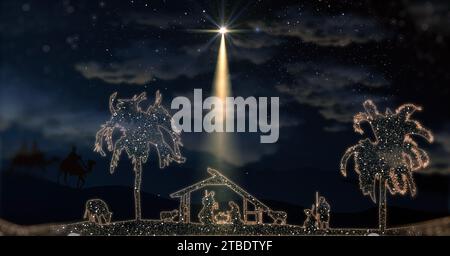 Scène de Noël lumineuse avec étoiles scintillantes et personnages de nativité, mangeoire, animaux et arbres. Nativité Histoire de Noël sous le ciel étoilé et en mouvement W Banque D'Images