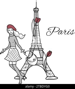 Jeune fille en cours d'exécution en béret avec un sac sur fond avec Tour Eiffel avec des fleurs de tulipe à Paris. Illustration vectorielle, dessin au trait isolé. Illustration de Vecteur