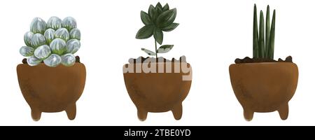 Ensemble aquarelle de succulentes dans un pot, illustration de cactus aquarelle isolée sur fond blanc. Illustration botanique d'une plante d'intérieur dans un pot, p Banque D'Images