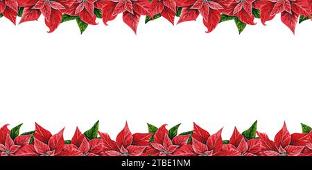 Bordure sans couture de Noël avec des fleurs de poinsettia, illustration aquarelle peinte à la main isolée sur blanc. Illustration florale pour Noël. Banque D'Images