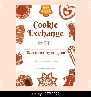 Modèle d'affiche de Noël, invitation pour Noël cookie swap party. Dépliant vertical décoré avec des biscuits en pain d'épice, maison, flocon de neige et canne à sucre, biscuit homme et femme Illustration de Vecteur