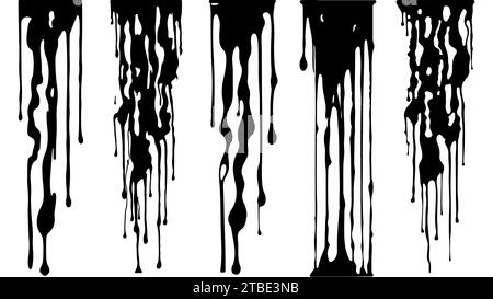 Set od peintures abstraites goutte à goutte. L'encre noire s'écoule par de longs flux et gouttes. Liquide noir en écoulement. Gouttelettes. Texture grunge sale. Vector illustra Illustration de Vecteur