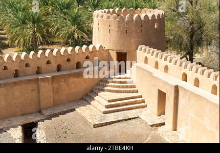 Terrasse du château de Jabreen avec les champs de palmiers dattiers en arrière-plan, Oman. Banque D'Images