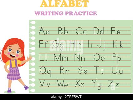 Feuille de calcul de traçage des lettres alphabétiques avec toutes les lettres alphabétiques. Pratique de base de l'écriture pour les enfants de maternelle Illustration de Vecteur