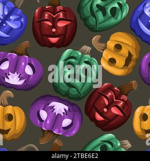 Motif sans couture avec jack-o'-lanternes colorées sur un fond sombre Illustration de Vecteur