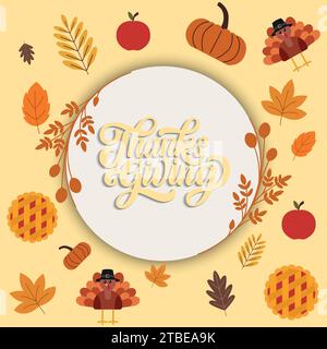 Autocollant Happy Thanksgiving Day avec des objets saisonniers Vector Illustration de Vecteur