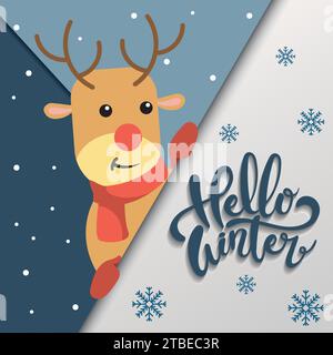 Renne mignon sur un bonjour hiver affiche d'art en papier vecteur Illustration de Vecteur
