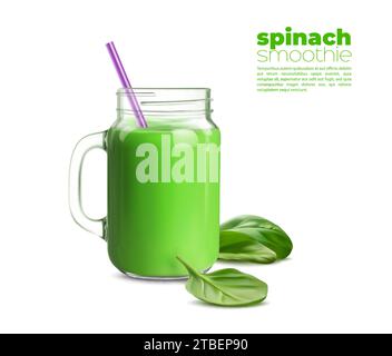 Smoothie ou jus de désintoxication aux épinards verts et boisson vitaminée biologique dans un bocal en verre, vecteur réaliste. Smoothie aux épinards frais ou secouer dans une tasse en verre avec de la paille pour boire une boisson diététique saine d'été Illustration de Vecteur