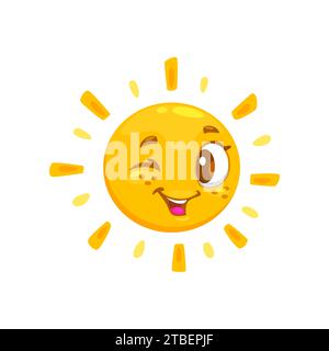 Personnage de soleil d'été souriant de dessin animé, visage Kawaii. Clin d'œil soleil avec des rayons brillants vecteur personnage joyeux, temps chaud d'été ou soleil de printemps caractère isolé drôle Illustration de Vecteur