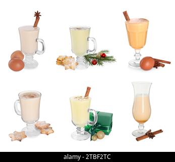 Délicieux lait de poule dans des verres isolés sur blanc, ensemble Banque D'Images