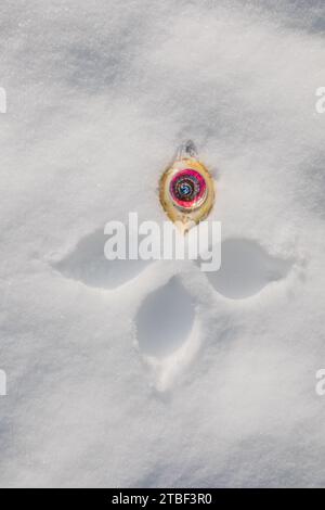 Ornement de Noël en verre vintage étincelant dans la neige avec des impressions, ange de neige Banque D'Images