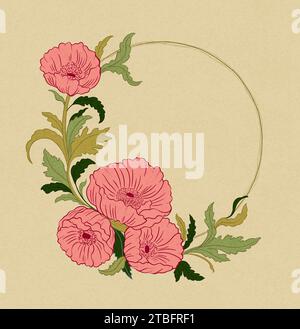 Plante de pavot floral en art nouveau 1920-1930. Dessiné à la main avec des tissages de lignes, de feuilles et de fleurs. Illustration de Vecteur