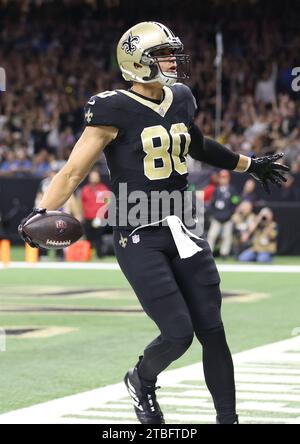 Jimmy Graham (80 ans) célèbre le match final des Saints de la Nouvelle-Orléans après avoir marqué un touchdown lors d'un match de la National football League au Caesars Superdome à la Nouvelle-Orléans, Louisiane, le dimanche 3 décembre 2023. (Photo de Peter G. Forest/Sipa USA) Banque D'Images