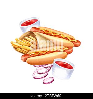 composition à l'aquarelle avec restauration rapide, illustration dessinée à la main de tranches d'oignon, hot dog, pommes de terre frites dans un paquet artisanal, tomates rouges isolat Banque D'Images
