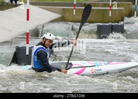 DELAHAYE VINCENT DE TORCY CK 1/2 finale kayak homme Elite lors des championnats de France Slalom et kayak Cross, canoë le 21 octobre 2023 au Stade d'eaux vives de Cesson-Sévigné - photo Laurent Lairys / DPPI Banque D'Images