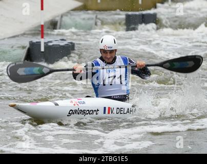 DELAHAYE VINCENT DE TORCY CK 1/2 finale kayak homme Elite lors des championnats de France Slalom et kayak Cross, canoë le 21 octobre 2023 au Stade d'eaux vives de Cesson-Sévigné - photo Laurent Lairys / DPPI Banque D'Images