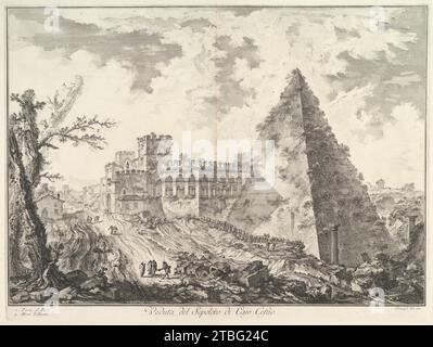 Pyramide de Caius Cestius, avec la Porta S. Paolo et la route attenante (Veduta del Sepolcro di Cajo Cestio), de 'Vedute di Roma' 1937 par Giovanni Battista Piranesi Banque D'Images