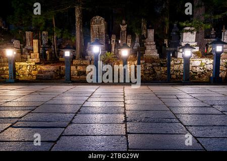 Lanternes de pierre dans le cimetière Okunoin la nuit Banque D'Images