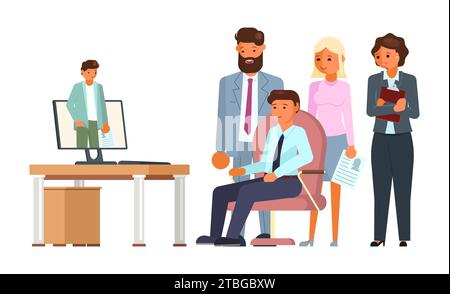 Concept d'entretien d'embauche en ligne avec l'homme faisant appel vidéo avec le gestionnaire des RH Illustration de Vecteur