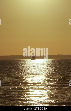 Un voilier navigue gracieusement sur une mer sous un coucher de soleil sans nuages, projetant une teinte dorée tandis que les rayons du soleil se reflètent sur l'eau, des tons jaunes. Mer Baltique. Banque D'Images