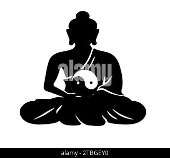 Symbole du yin et du yang avec un illustrateur de Bouddha en noir et blanc; Illustration de Vecteur