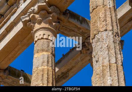 Détail des moulures ornées sur les colonnes de l'ordre corinthien et les chapiteaux du temple romain de Diane bien conservé sous un ciel bleu clair et une colombe Banque D'Images