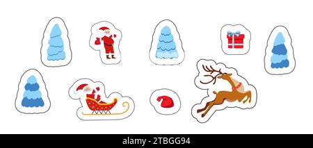 Autocollants mignons sur le thème du nouvel an et de Noël. Père Noël sur un traîneau avec un cerf et des cadeaux. Sapin de Noël Illustration de Vecteur