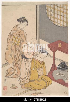 Pluie de nuit au stand à double étagère, de la série Eight Parlor Views (Zashiki hakkei) 1911 de Suzuki Harunobu Banque D'Images