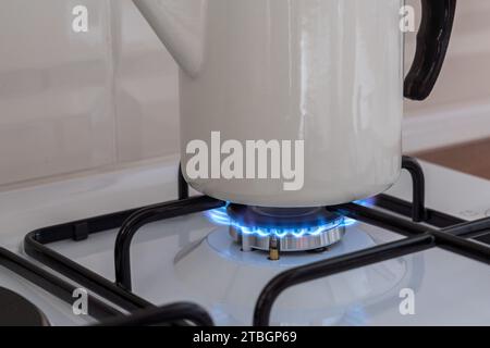 Gros plan de flamme bleue de la cuisinière domestique. Cuisinière à gaz avec propane brûlant. Ressources industrielles et concept d'économie. Chauffage au gaz à froid Banque D'Images