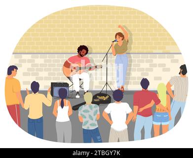 Artistes de rue talentueux jouant de la guitare et chantant Illustration de Vecteur