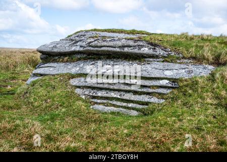 Un petit affleurement de granit avec jointoiement horizontal prononcé près de Dinger Tor, parc national de Dartmoor, Devon, Royaume-Uni. Banque D'Images