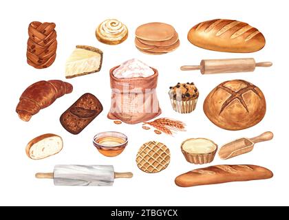 Boulangerie de produit à base de farine de blé. Pain, miche de seigle et baguette française, biscuit, gâteau, cupcake, brioches, croissant et rouleau à pâtisserie en marbre. Main aquarelle Banque D'Images