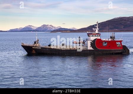 MS Maursund Landing Craft bateau à Sandnessjoen, Norvège, Scandinavie, Europe en octobre Banque D'Images