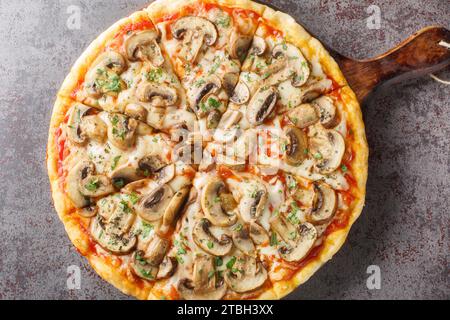 Italien délicieux frais pizza cuite au four avec fromage fondant, champignons tranchés, sauce tomate gros plan sur une planche de bois sur la table. V supérieur horizontal Banque D'Images