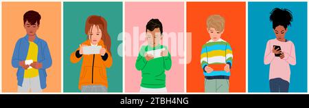 Ensemble d'enfants jouant au jeu vidéo sur smartphone. Illustration de Vecteur