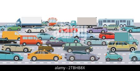 Beaucoup de voitures et de camions sur l'intersection de la route dans l'illustration d'embouteillage Illustration de Vecteur