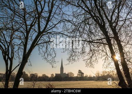 Cathédrale de Salisbury par un matin d'hiver glacial, Salisbury, Wiltshire, Angleterre. Hiver (février) 2023. Banque D'Images