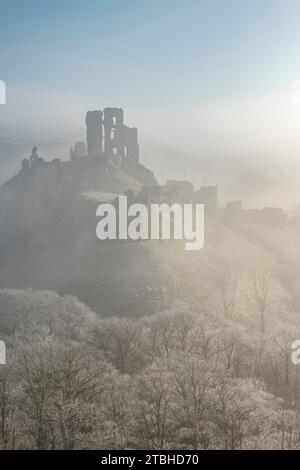 Les ruines du château de Corfe émergeant de la brume à l'aube, château de Corfe, Dorset, Angleterre. Hiver (février) 2023. Banque D'Images