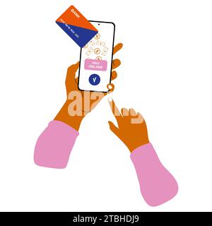 Payez par carte de crédit via portefeuille électronique sans fil sur téléphone. Main avec application bancaire en ligne smartphone et illustration vectorielle de paiement électronique. Shopping par p Illustration de Vecteur