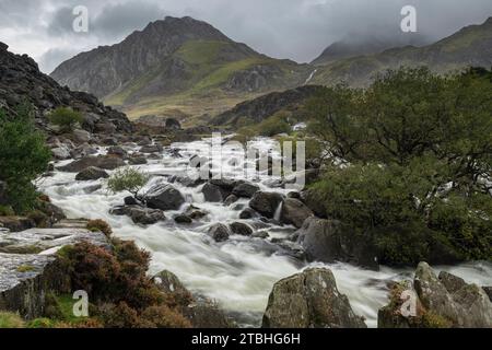 Afon Ogwen s'écroulant sur le lit rocheux de la rivière parsemé avec la montagne Tryfan au-delà, parc national de Snowdonia, pays de Galles, Royaume-Uni. Automne (octobre) 2023. Banque D'Images