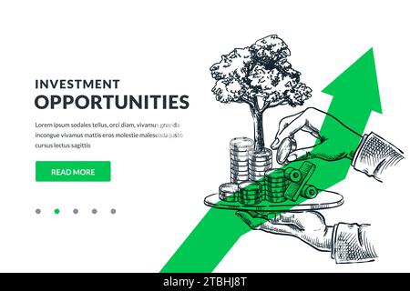 Main humaine tenant plateau avec arbre croissant sur pile de pièces de monnaie. Illustration d'esquisse vectorielle dessinée à la main. Investir, économiser de l'argent et financer la croissance Illustration de Vecteur